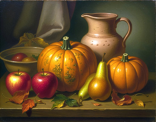 Nature morte classique avec des citrouilles, des pommes, des poires et des feuilles d'automne – Céramique rustique et lumière chaleureuse sur Animaflora PicsStock
