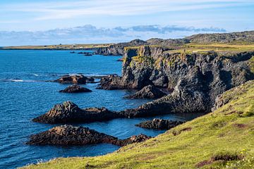 Arnastapi coastal landscape with cliffs in summer near the Snaefellsnes peninsula in Iceland