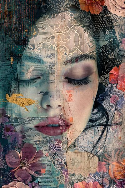 Hidden Thoughts – Flower Mask Collage Portrait by Joriali photography and paintings