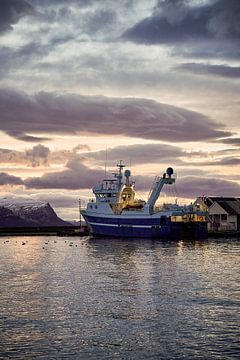 Vissers schip op punt van vertrekken tijdens zonsondergang op Godøy, Ålesund, Noorwegen van qtx