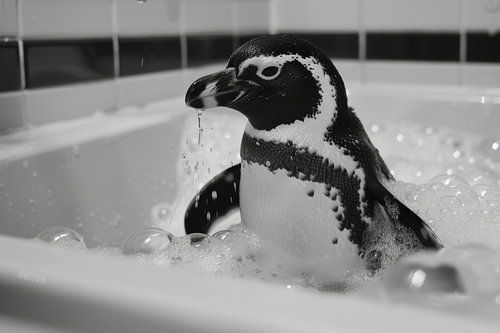 Cheerful penguin in the bath - an enchanting bathroom picture for your WC