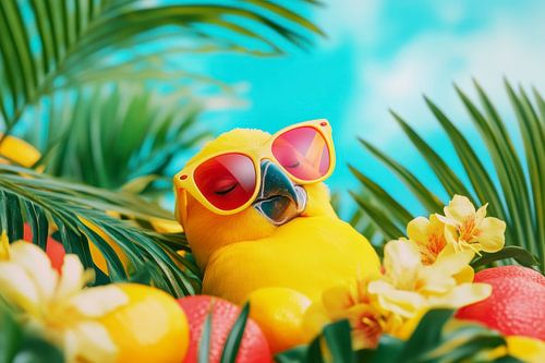 Tropische papegaai met zonnebril in de zomer met bloemen