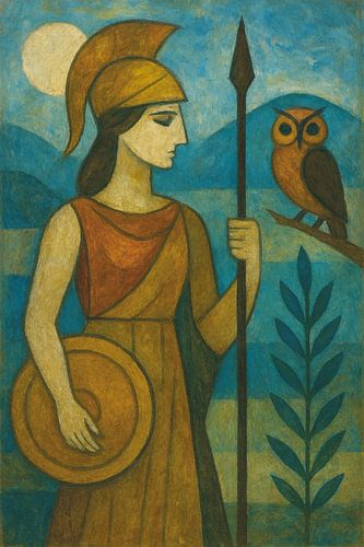 Athena, godin van wijsheid en oorlogvoering, schilderij.