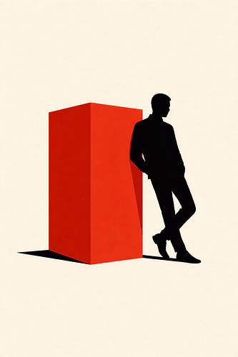 Man leunt tegen een rood blok