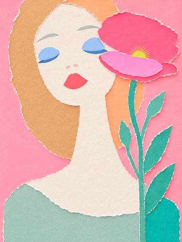 Portrait pop art moderne d'une femme avec une fleur, réalisé au pastel