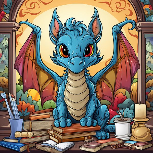 Blue Dragon in a Library by Art Lovers