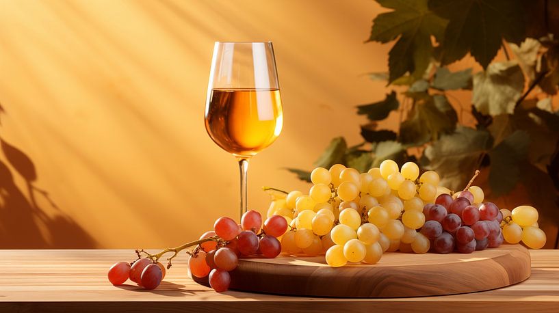 Ein Glas Wein mit Trauben auf einem Holzbrett mit orangefarbenem Hintergrund von Animaflora PicsStock