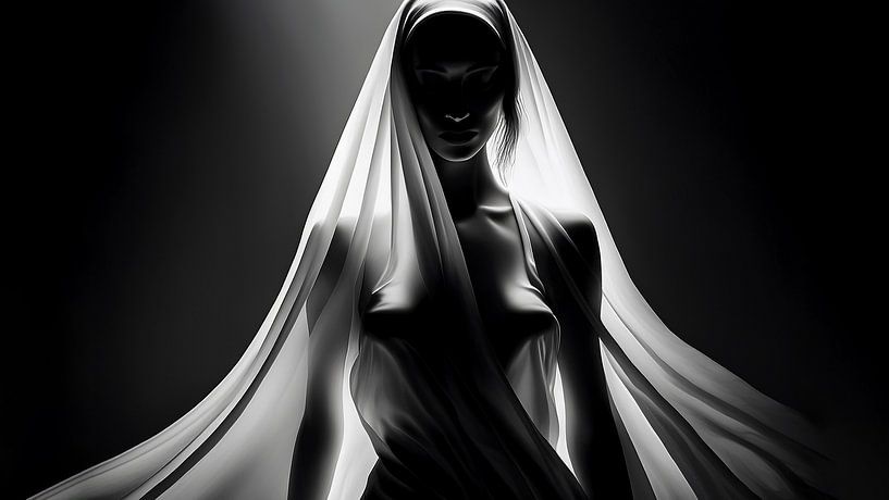 "Murmures de la forme - Silhouette féminine en noir et blanc en équilibre". par Retinas images