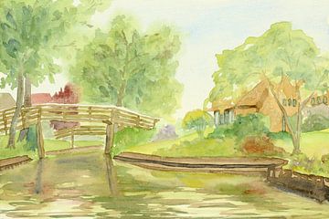 Sailing through the characteristic village of Giethoorn (watercolor painting landscape Holland bridg