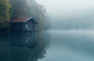 Herfst idylle in de mist van het meer van fernlichtsicht