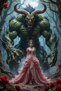 Dark Fantasy Wandbild: LYRATHON - Ein gewaltiges Monster und eine junge Frau