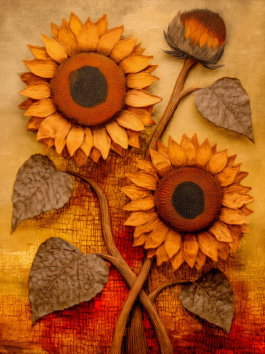 Sommer! Goldgelbe Sonnenblumen im Relief in warmen Farben