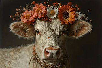 Vache Highland couronnée de fleurs - Une œuvre d'art charmante pour les amoureux de la nature sur Felix Brönnimann