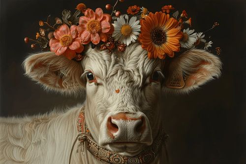 Hoogland koe met bloemenkroon - Charmant kunstwerk voor natuurliefhebbers