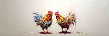 Kleurrijke Kippen: Vrolijk schilderij van Surreal Media