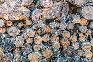 Ein Holzstapel mit Raureif