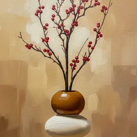 Japandi Stilleven Kunst – Minimalistische Vaas met Bessen van Marjolein van Middelkoop