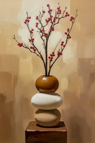 Japandi Still Life Art - Minimalist Vase with Berries