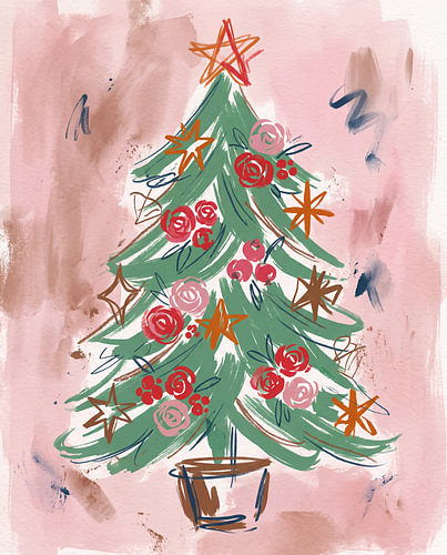Abstract Christmas Tree with Flowers and Stars