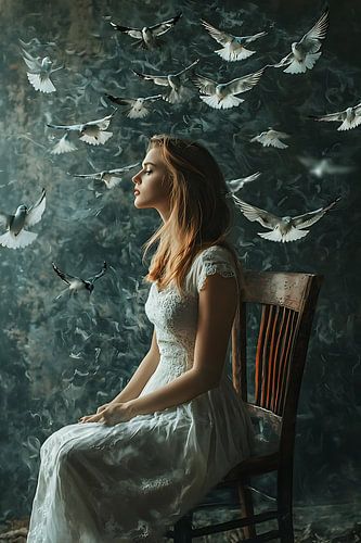 jeune femme entourée d'oiseaux