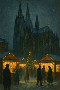 Weihnachtsmarkt am Kölner Dom bei Nacht