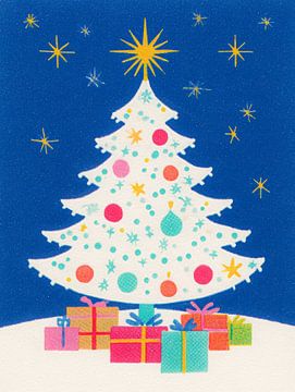 White Christmas tree with cheerful pastel balls under a sparkling starry sky