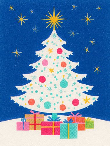 Sapin de Noël blanc avec de joyeuses boules pastel sous un ciel étoilé étincelant