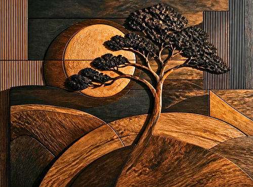 Japans bonsai-silhouet in een elegant reliëf van houtinlegwerk