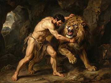 Homme luttant contre un lion dans une grotte, peinture sur Markus Gann