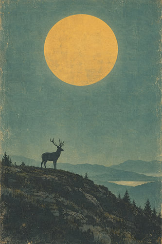 A stag on the hill against a yellow sun