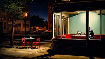 Amerikanische Straßenszene im Vintage-Stil mit Diner-Restaurant von Vlindertuin Art