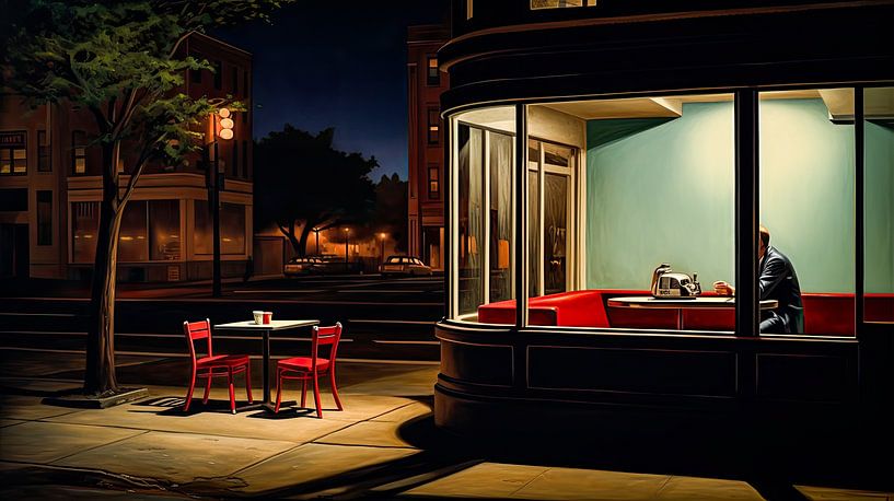 Vintage American street scene with diner restaurant by Vlindertuin-Art