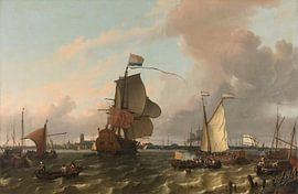 The warship Brielle on the Maas off Rotterdam, Ludolf Bakhuysen