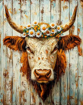 Fantasie van een koe - zon, hout en bloemen van Klaus Tesching - Art-AI