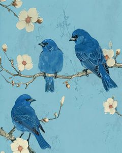 Blaue Vögel und Blütenzweig von Vlindertuin Art