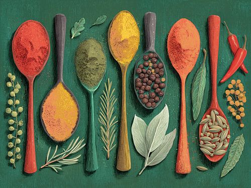 Bunte Gewürz Illustration - Löffel auf Smaragd Hintergrund