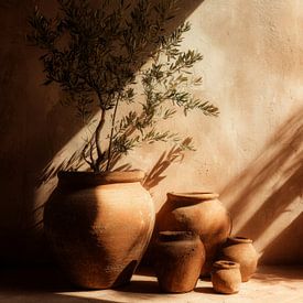 Mediterrane terracotta potten met olijftak in warm zonlicht van But First Framing