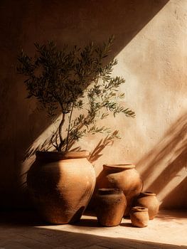 Mediterrane terracotta potten met olijftak in warm zonlicht