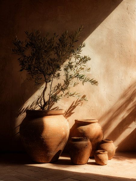 Mediterranean terracotta pots with olive branch in warm sunlight by But First Framing
