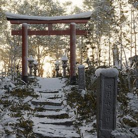 Old, snow-covered natural path in front of a torii gate and stone lanterns in the evening light. Concept: old Japanese shrine by Besa Art