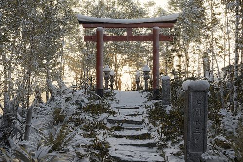 Oud, besneeuwd natuurpad voor een torii poort en stenen lantaarns in het avondlicht. Concept: oud Japans heiligdom van Besa Art