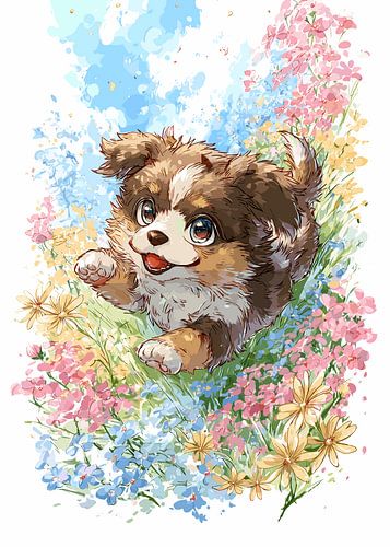 Un chiot joyeux dans un champ de fleurs