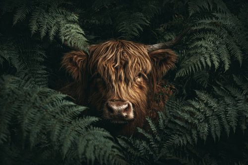 Schotse hooglander tussen varens sfeervol natuurportret van Eva Lee