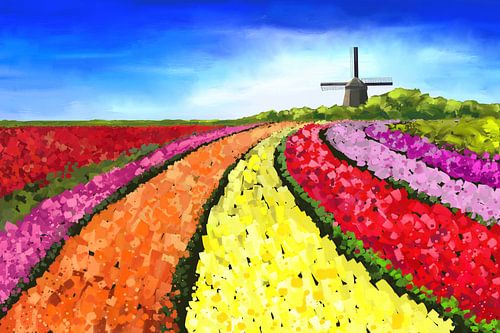 Landscape painting with tulip fields and windmill