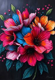 Lebendige abstrakte Blumensymphonie: Ein texturiertes Meisterwerk in kräftigen Farben