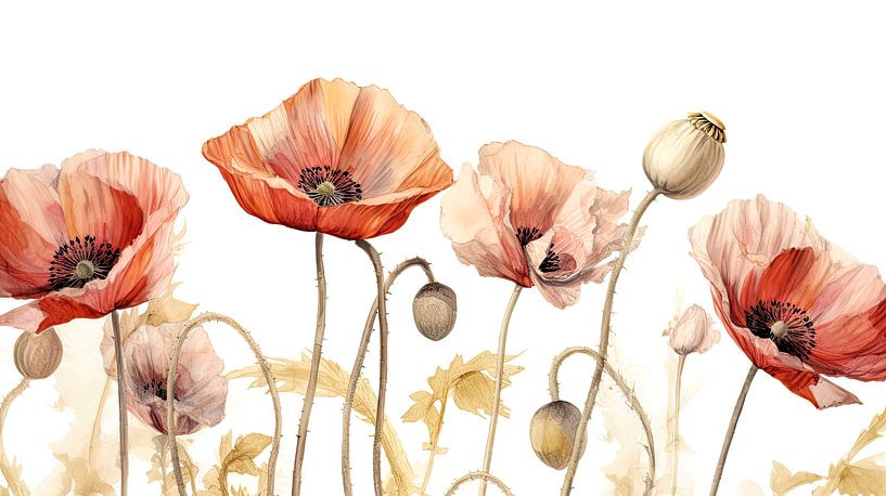 Poppy watercolour in panoramic format by Vlindertuin-Art