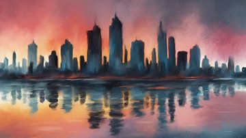 Skyline van de stad weerspiegeld in water bij zonsondergang van Frankie Soldado