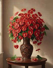 Anthurium andraeanum in einer geschnitzten Holzvase von Regan Frederick