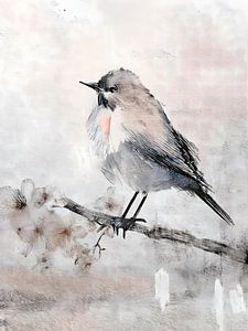 Aquarell eines Vogels auf einem Zweig mit Kirschblüte. Serie Japandi Stil
