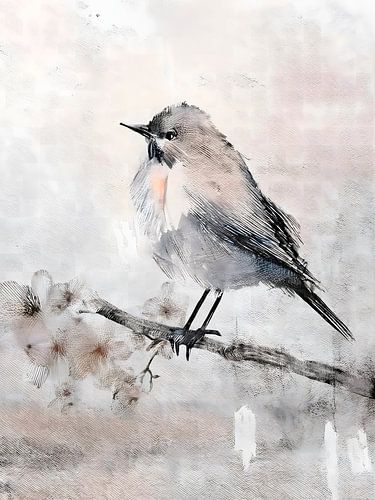 Sereen schilderij:  Vogeltje op een tak met kersenbloesem